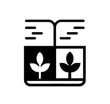 Black background with a white stylized plant or leaf symbol in the center.