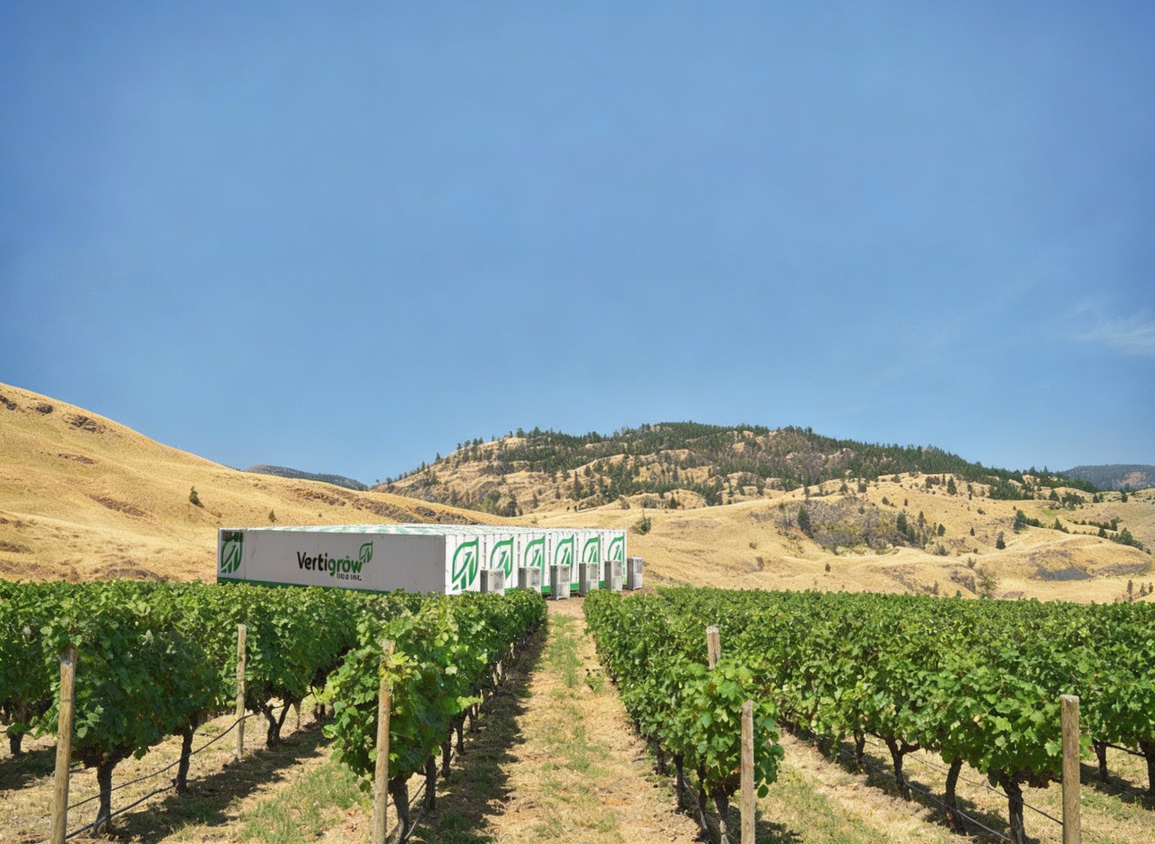 Vineyard with rows of grapevines, a white delivery truck with green leaf logo and the words Vertigrow, and rolling hills in the background under a clear blue sky.