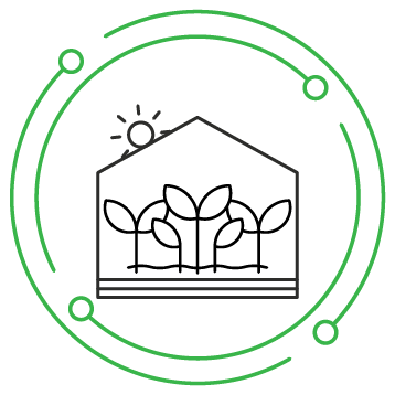 A simple line drawing of a house with a sun and clouds in the background, surrounded by a circular design.