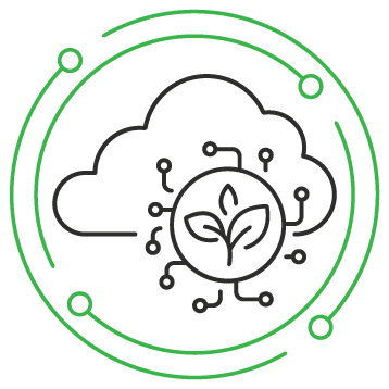 Icon representing eco-friendly technology with a leaf inside a cloud and circuit lines, surrounded by a circular green and black design.