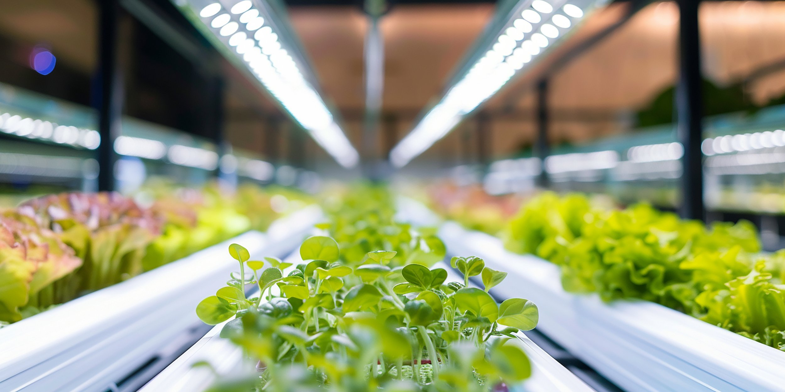 Green leafy vegetables growing under LED grow lights in an indoor farm or hydroponic setup.