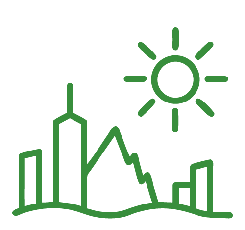 Green line drawing of a city skyline, mountains, and a bright sun.