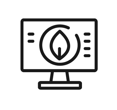 Icon of a computer monitor displaying a flame symbol, indicating heat or fire.