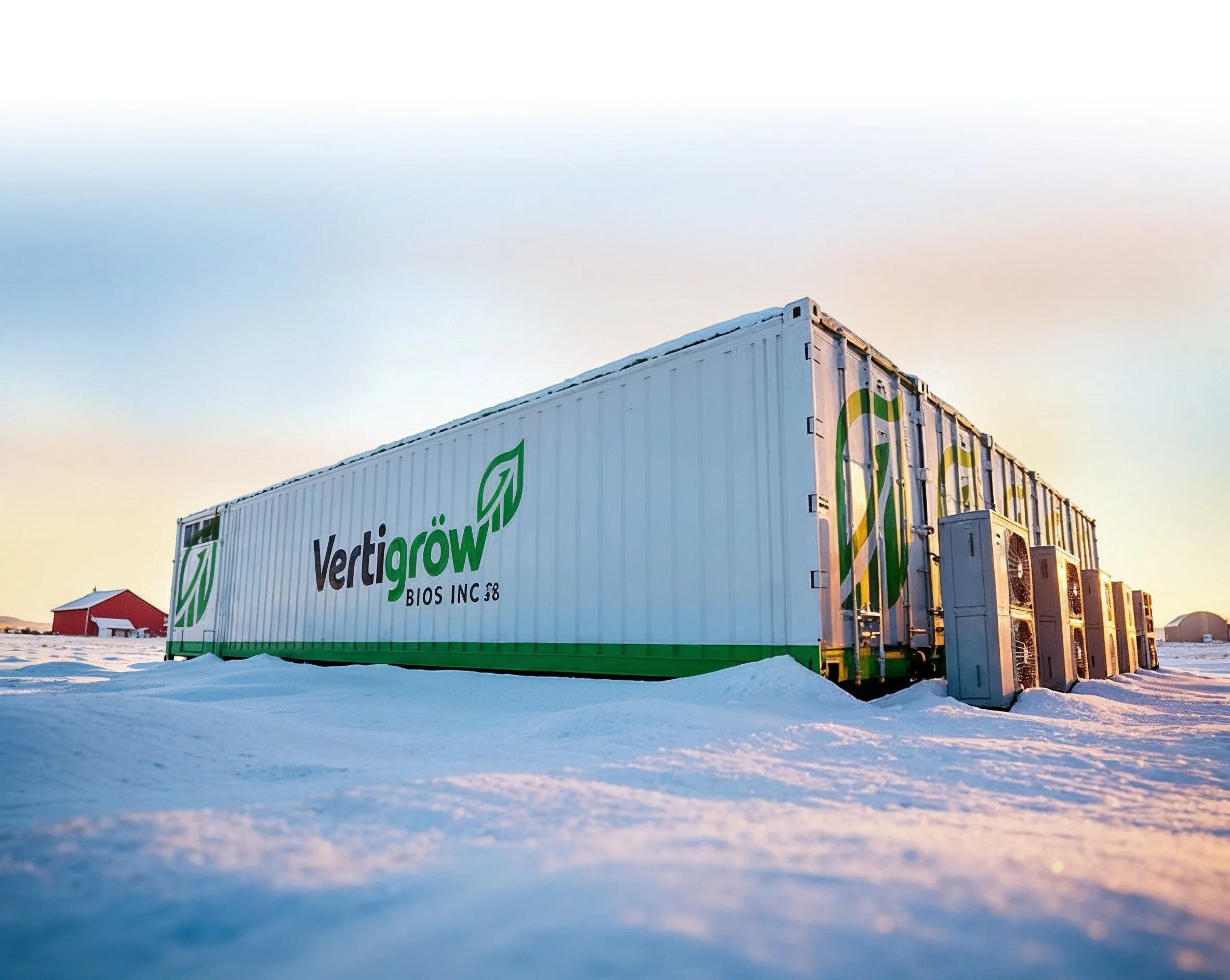 A large white container with green and black lettering reading 'Vertigrow BIOS INC,' situated in a snowy landscape with multiple cooling units attached, and a red barn in the background during sunset.
