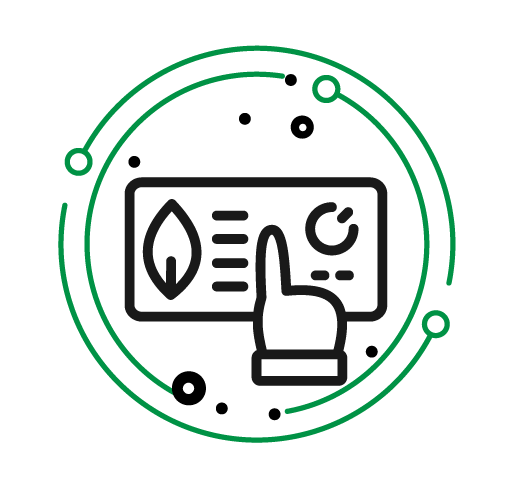 Icon of a hand pointing at a digital touchscreen displaying environmental data, enclosed in a circular design with green lines.