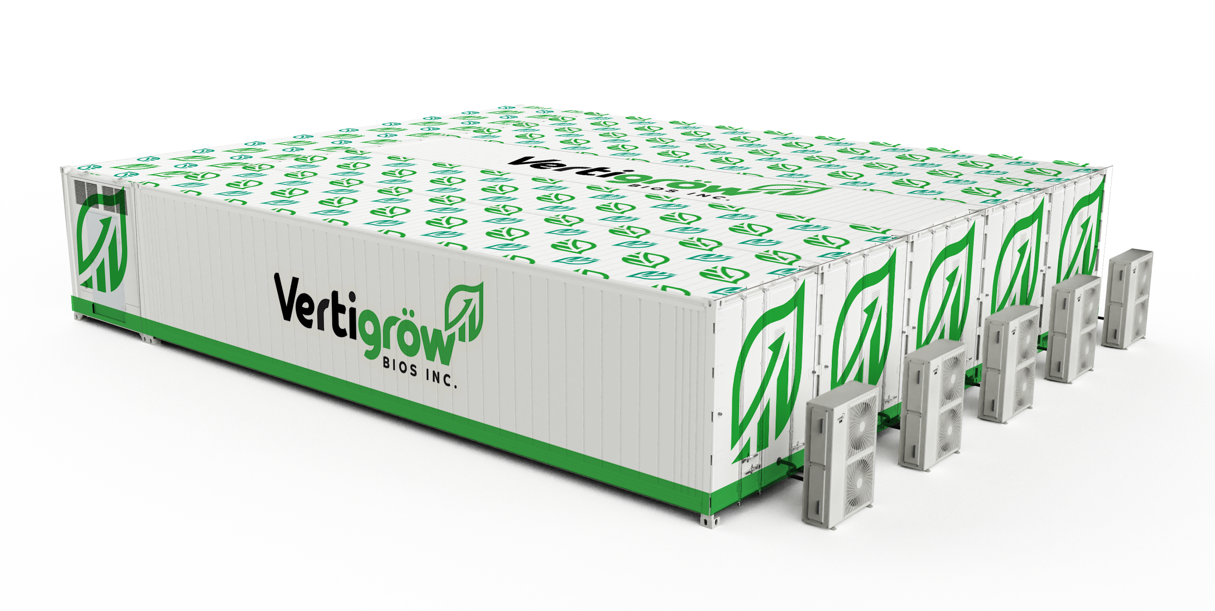 A large white container with the VertiGrow logo and green graphics, surrounded by multiple air conditioning units.