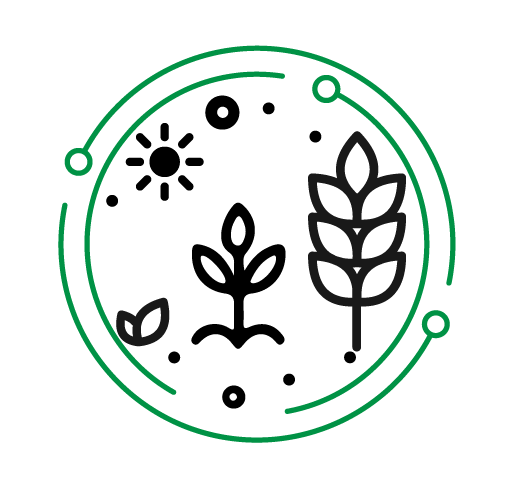 Eco-friendly symbol with a leaf inside a circle made of interconnected lines.