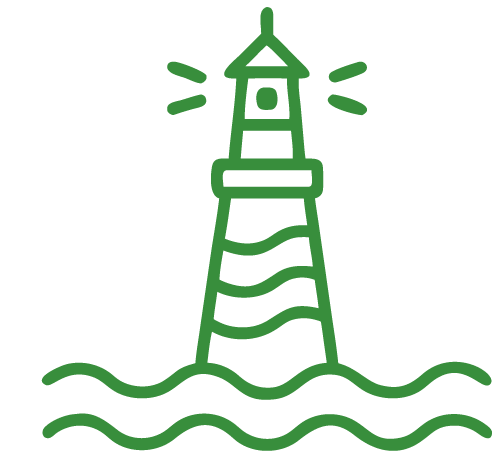 Green lighthouse emitting light waves on water.