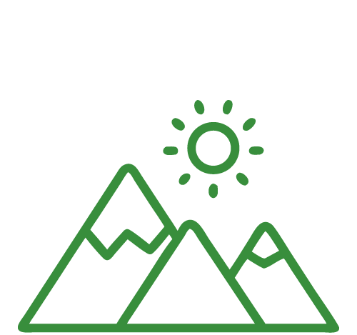 Green line drawing of mountains with the sun above them