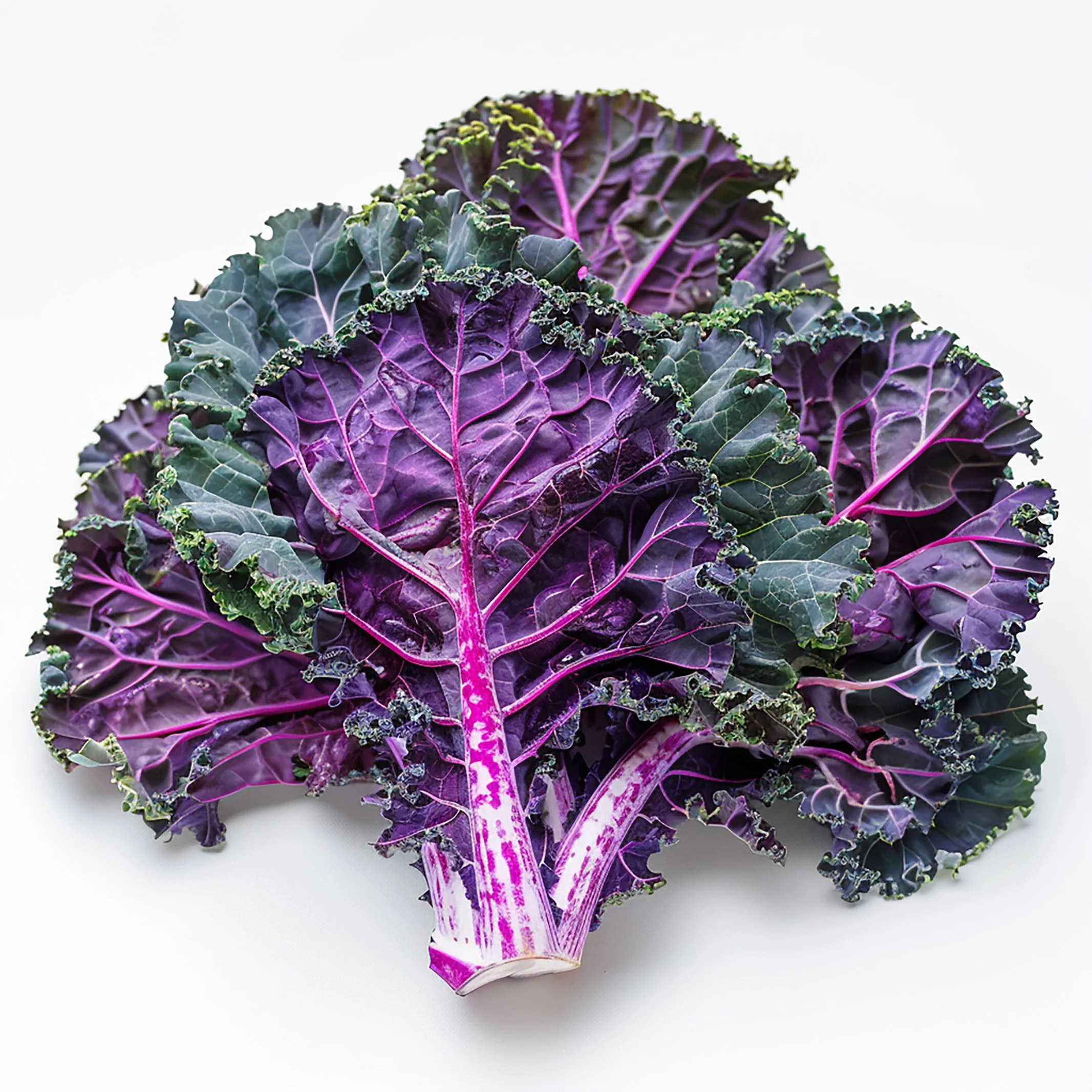 Colorful purple and green kale leaves on a white background.
