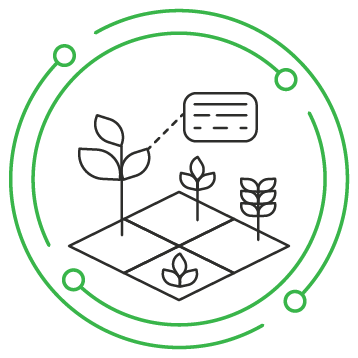 Graphic of a farm with seedlings and a speech bubble, surrounded by a circular design.