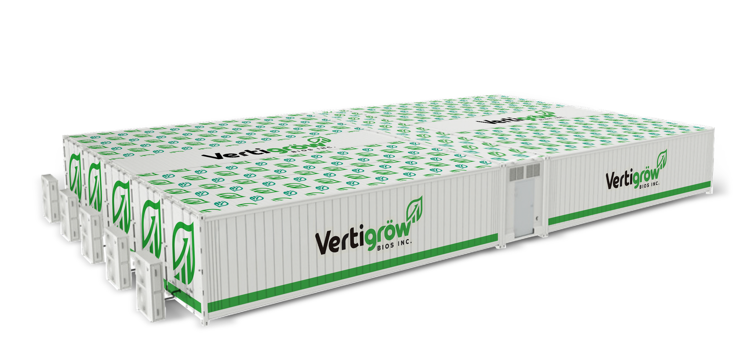 Large white shipping container with Vertigrow BIOS Inc. logo and green leaf design.