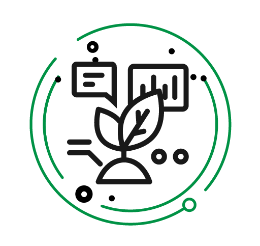 Eco-friendly plant icon with speech bubbles, a line graph, and circles, representing sustainability and communication.
