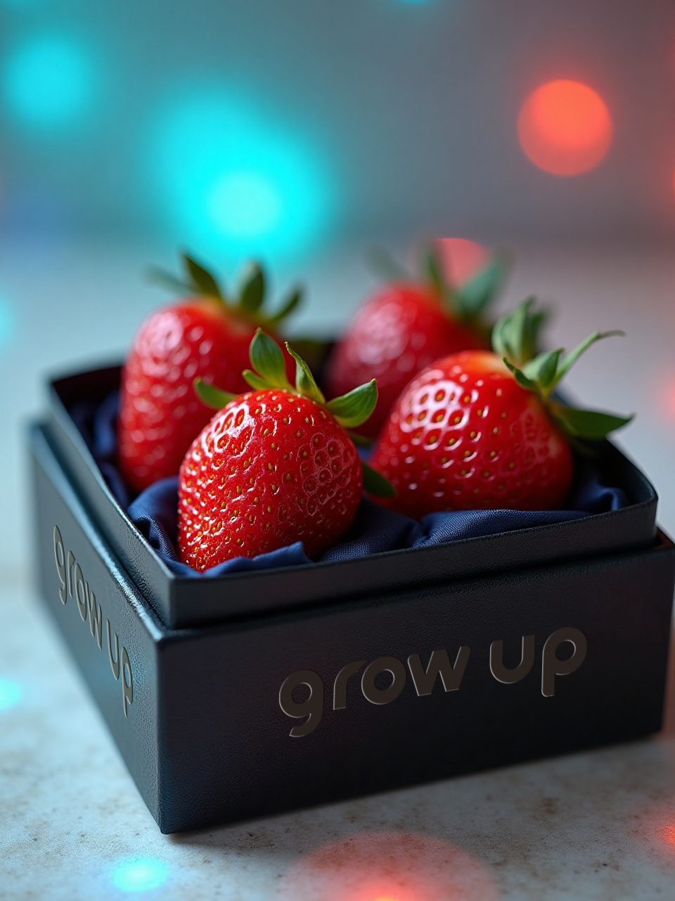 Fresh strawberries in a black box with a velvet lining, with the words grow up on the side, on a surface with colorful bokeh lights in the background.
