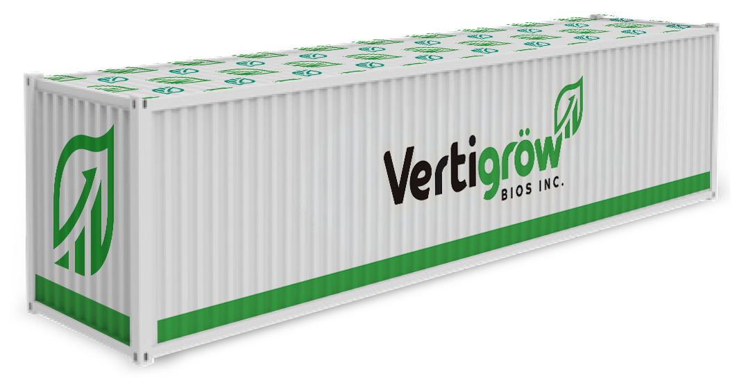 Shipping container with Vertigrow Bio Inc. logo and green leaf design.