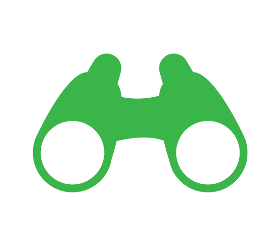 Green binocular icon on a black background.