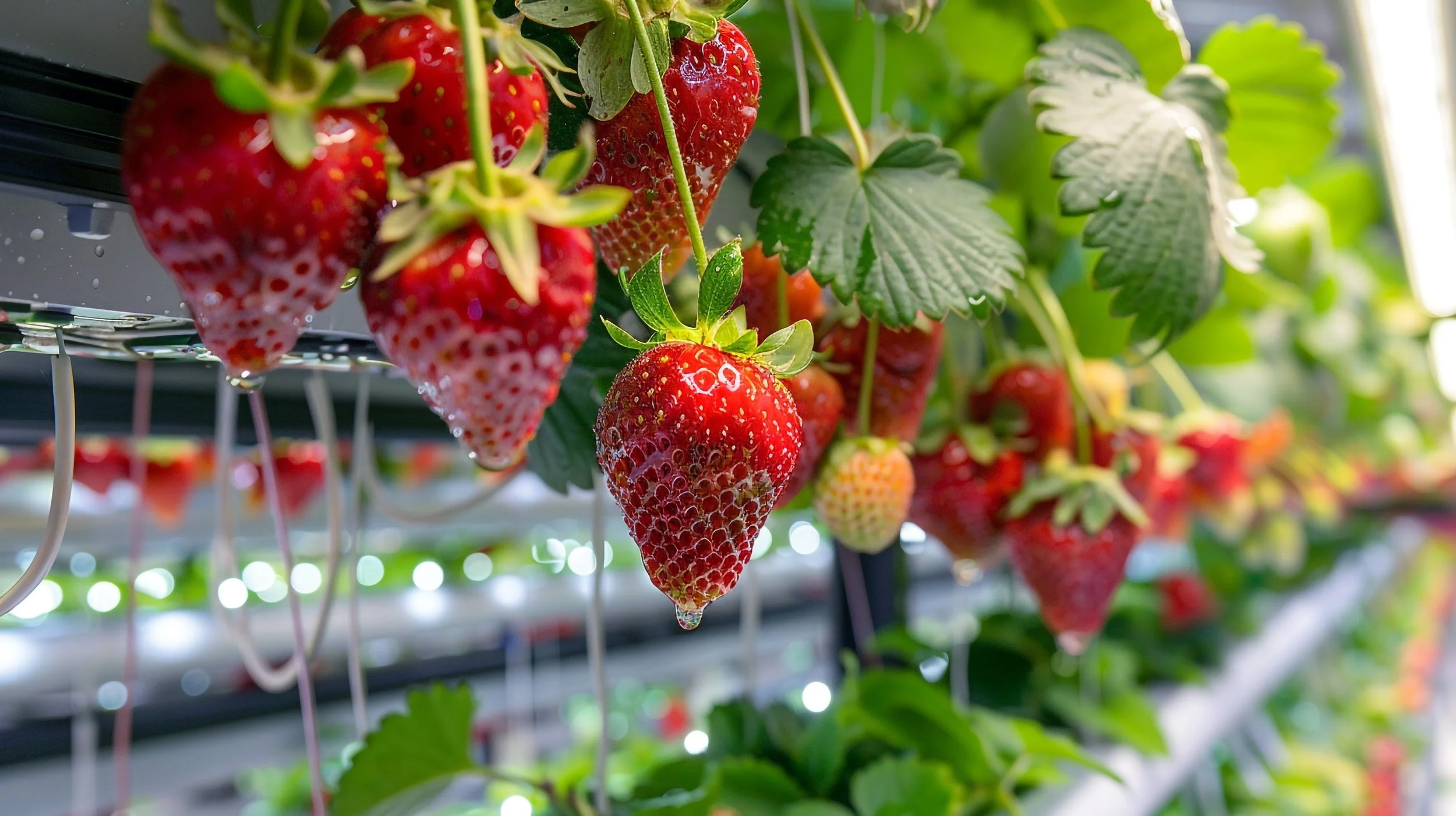 Close-up of ripe red strawberries growing on a plant in a greenhouse, with green leaves and water droplets on the fruit.