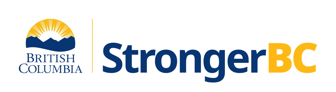 Logo of British Columbia with sun rising over mountains, and the words 'British Columbia Stronger BC'.