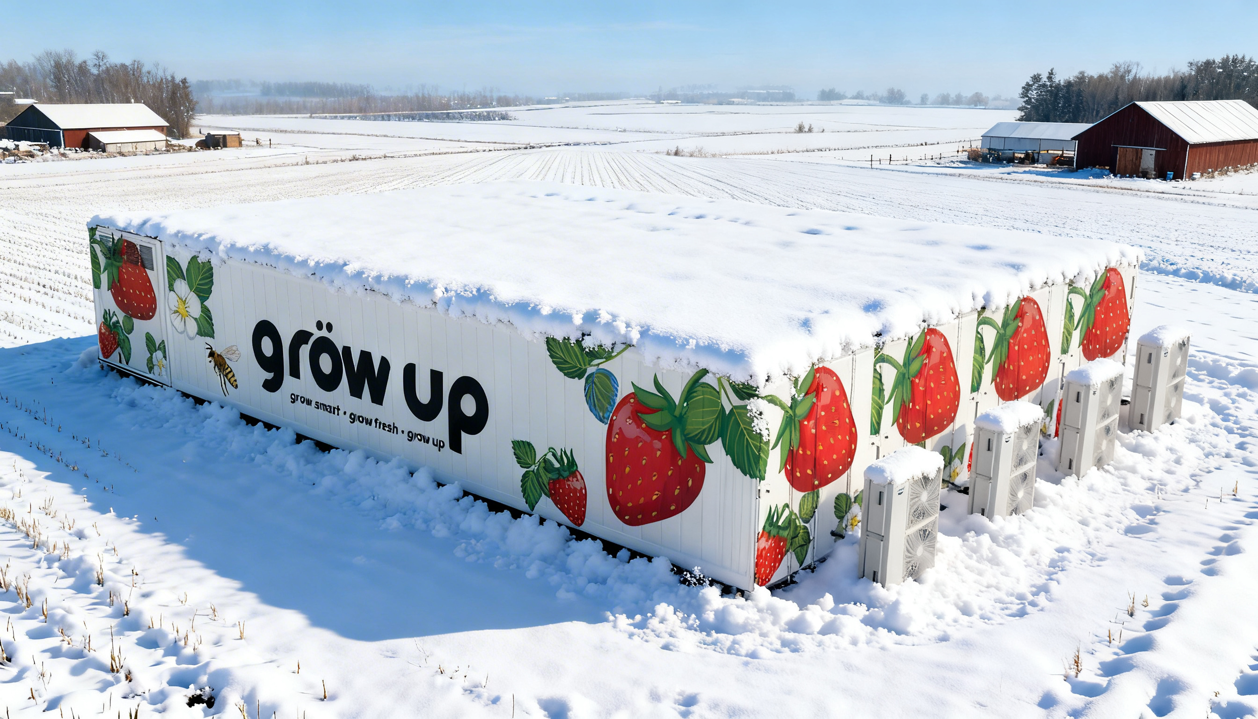 A large rectangular farm storage container painted with strawberries, a bee, and a flower, with the words 'grow up' and the slogan 'grow smart, grow fresh, grow up.' The container is covered in snow, with snow on the ground and surrounding fields, and a clear blue sky.