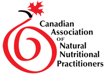 Logo of the Canadian Association of Natural Nutrition Practitioners featuring a red maple leaf and a stylized red spiral