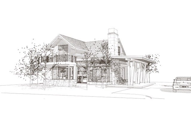 Architectural sketch of a two-story house with a chimney, large windows, porch area, and surrounding trees.
