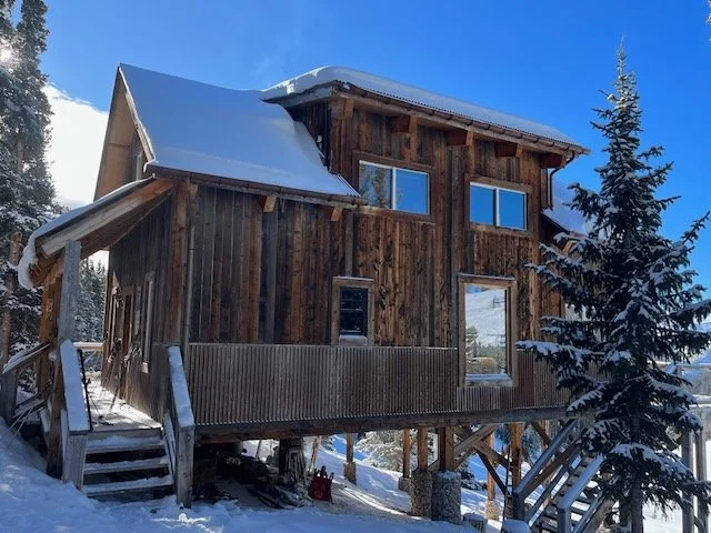 A wooden house in a snowy landscape with a snow-covered roof and tall trees nearby.