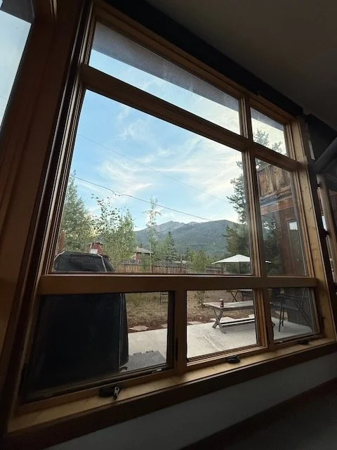 View from inside a house looking out a window at trees, a mountain, and a partly cloudy sky.