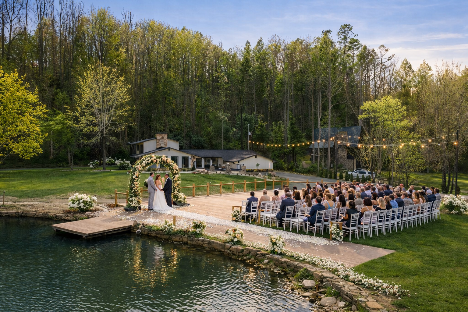 Outdoor wedding ceremony with a bride and groom standing under a floral arch on a wooden platform near a pond, surrounded by guests seated in white chairs in a scenic garden setting with trees and string lights.