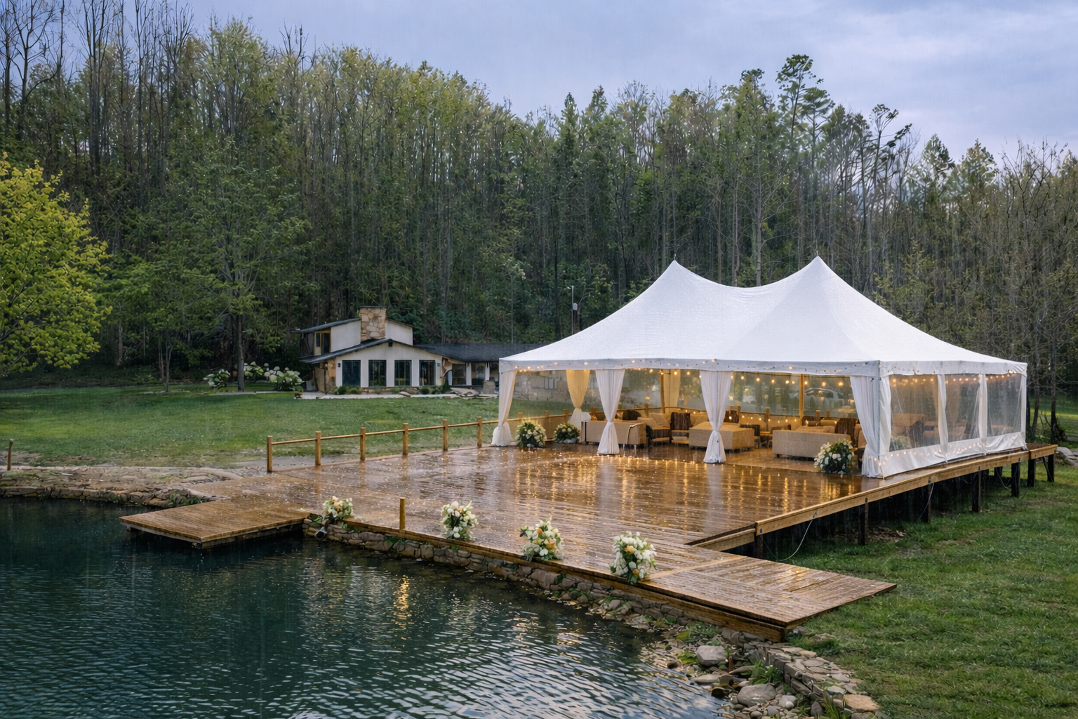 Outdoor wedding reception setup on a wooden platform over a pond, with a white tent decorated with flowers and string lights, surrounded by lush trees.