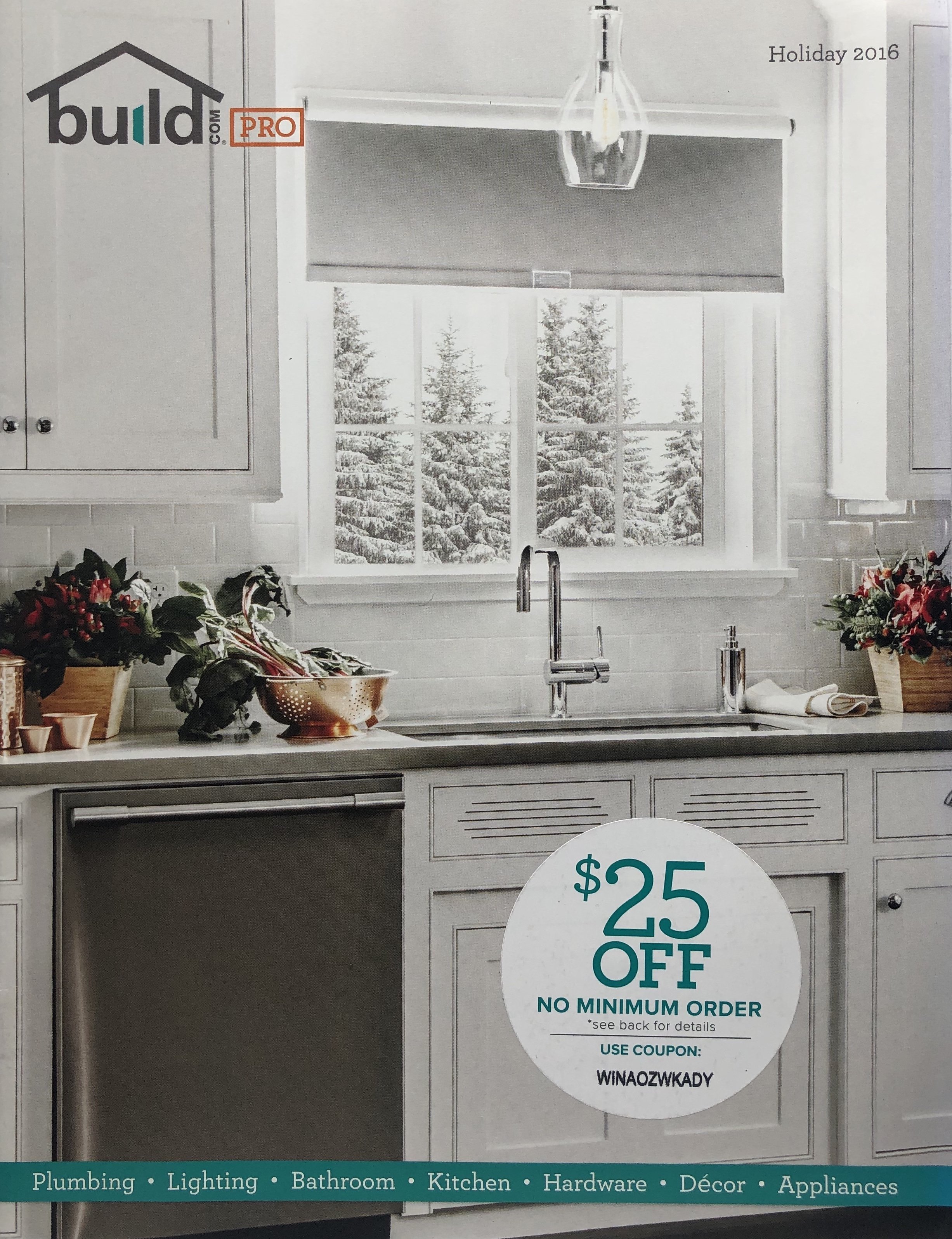 A promotional flyer for a store sale offers $25 off with a coupon WINAQZWKADY, valid on no minimum orders, with a back view of a modern kitchen window, winter scene outside, and holiday decorations inside.