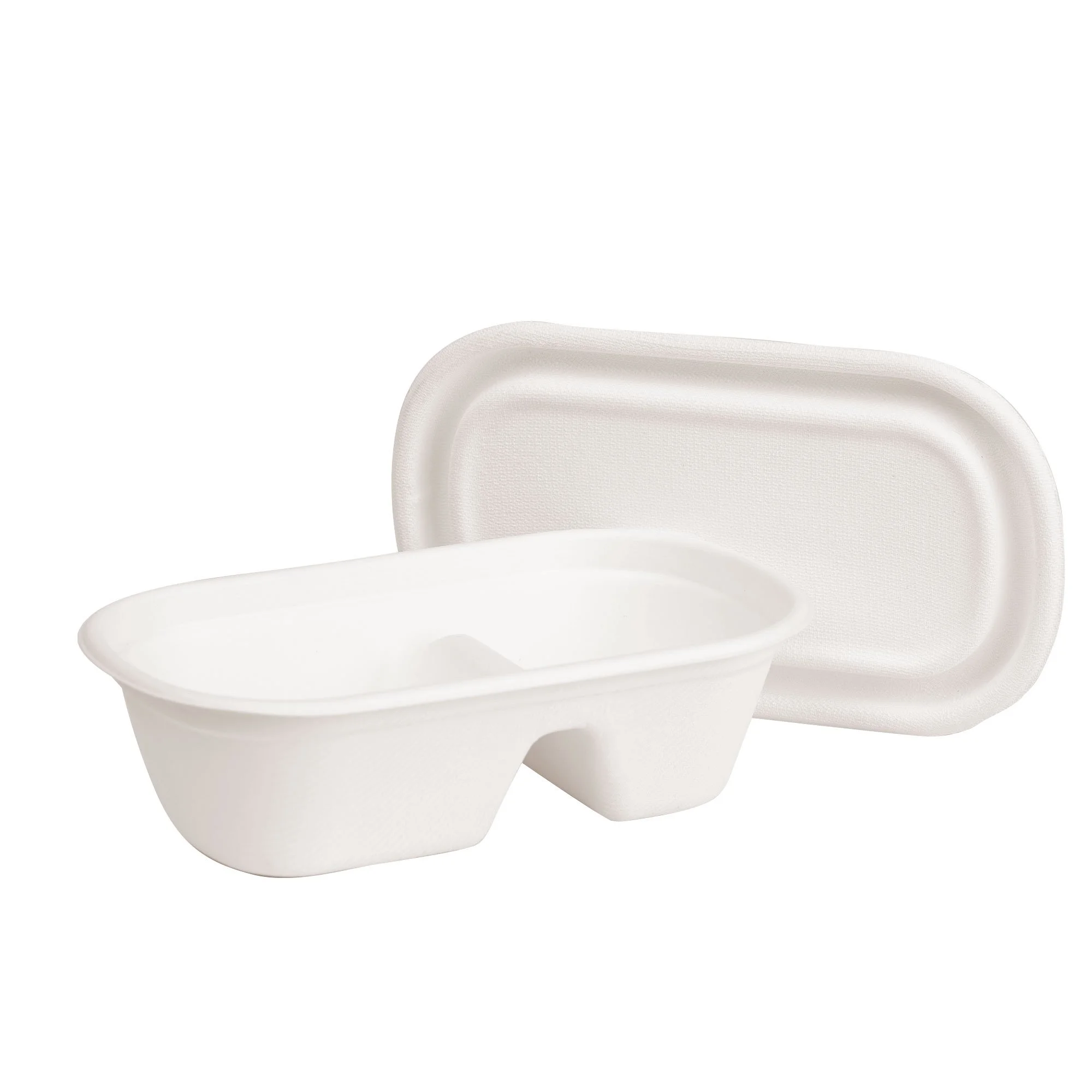 32oz 950ml 2-Compartment Oval Fiesta Container Lid Sugarcane Bagasse PFAS-Free Compostable Certified
