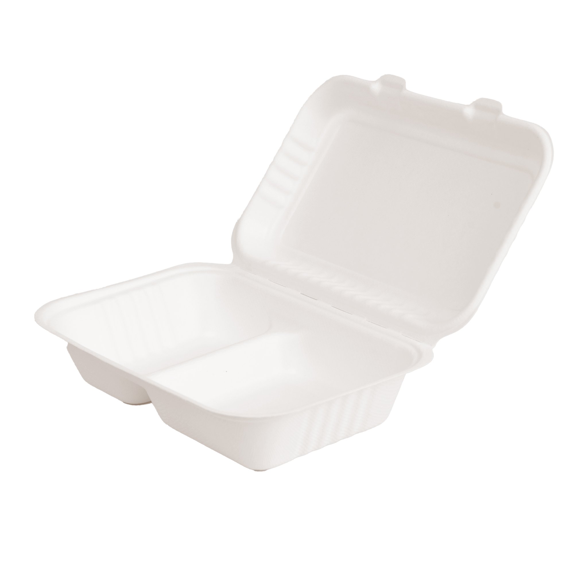 34oz 900ml 2-Compartment Clamshell Hinged Food Container Box Sugarcane Bagasse PFAS-Free Compostable Certified