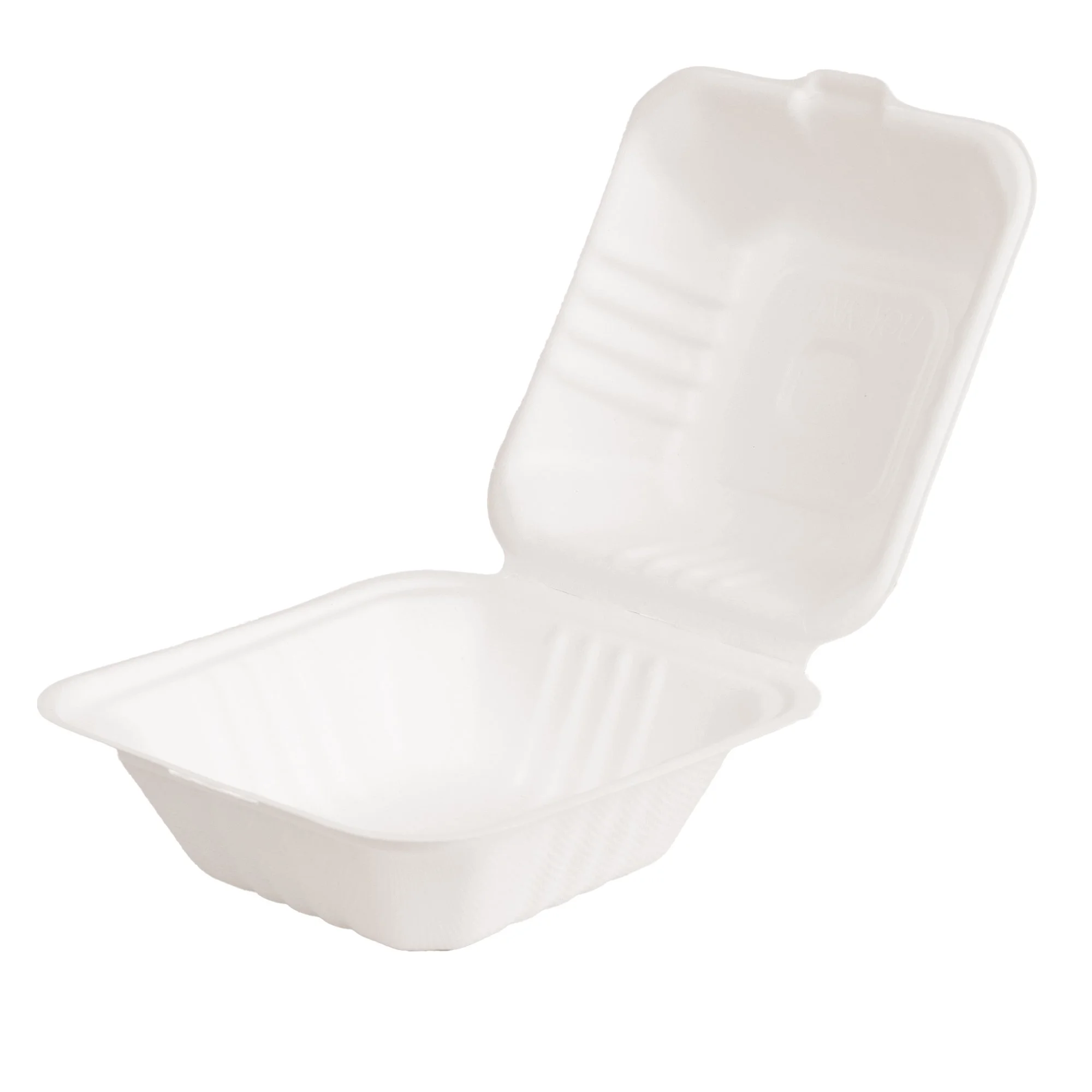 6 Inch x 6 Inch 500ml Clamshell Hinged Food Container Box Sugarcane Bagasse PFAS-Free Compostable Certified