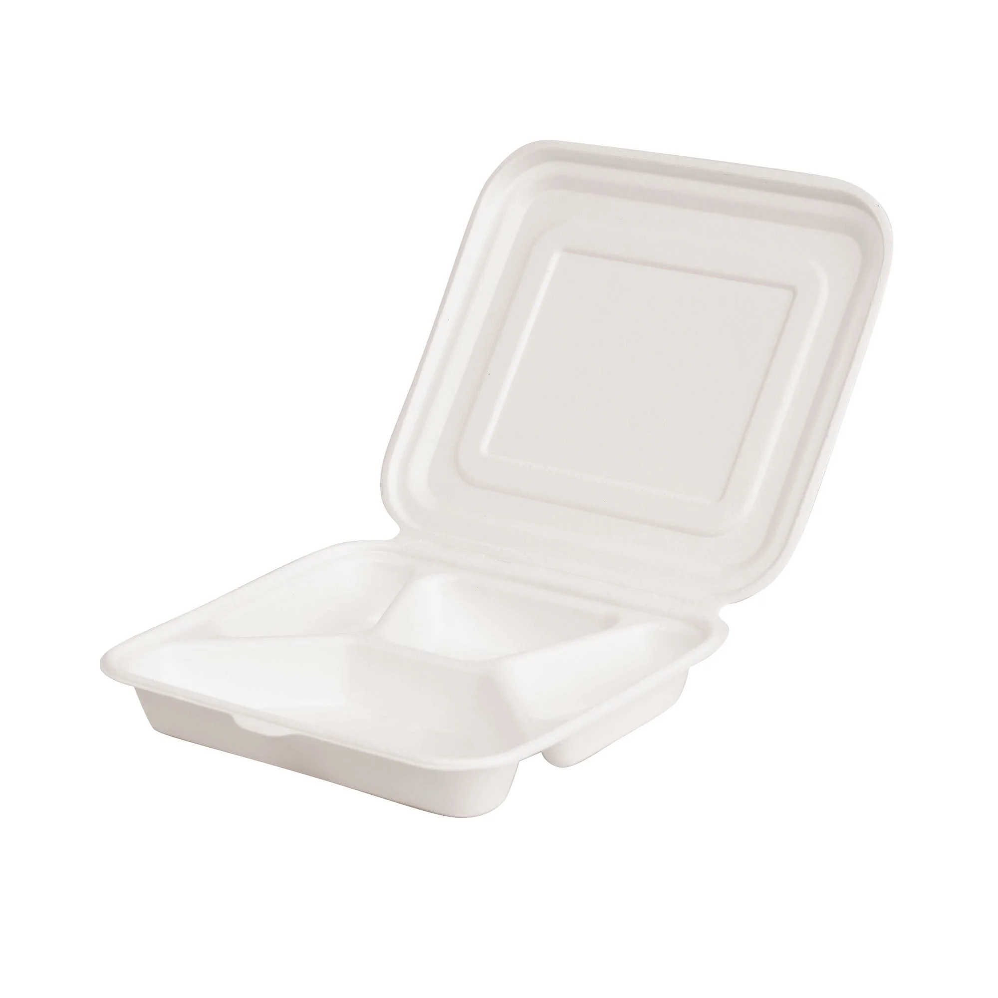 650ml 4-Compartment Clamshell Hinged Food Container Box Sugarcane Bagasse PFAS-Free Compostable Certified
