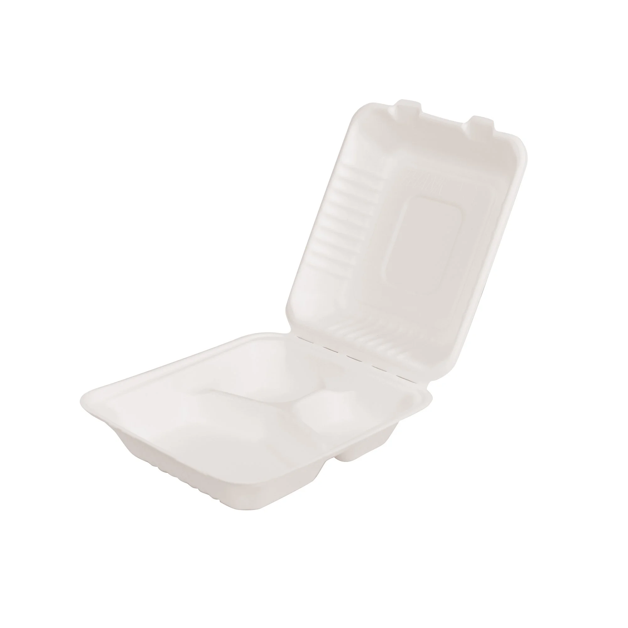 8 Inch x 8 Inch 1,000ml 3-Compartment Clamshell Hinged Food Container Box Sugarcane Bagasse PFAS-Free Compostable Certified