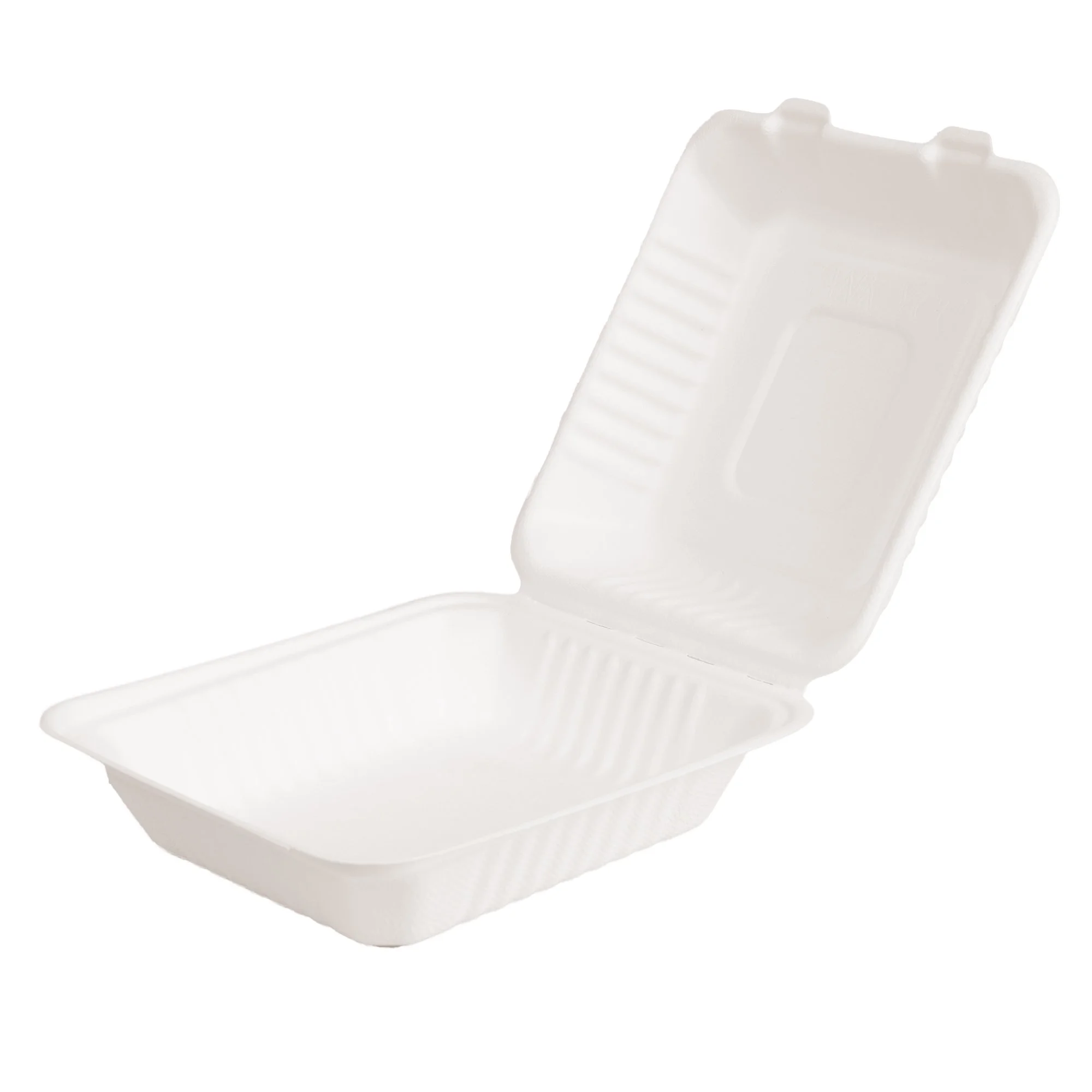 8 Inch x 8 Inch 1,000ml Clamshell Hinged Food Container Box Sugarcane Bagasse PFAS-Free Compostable Certified