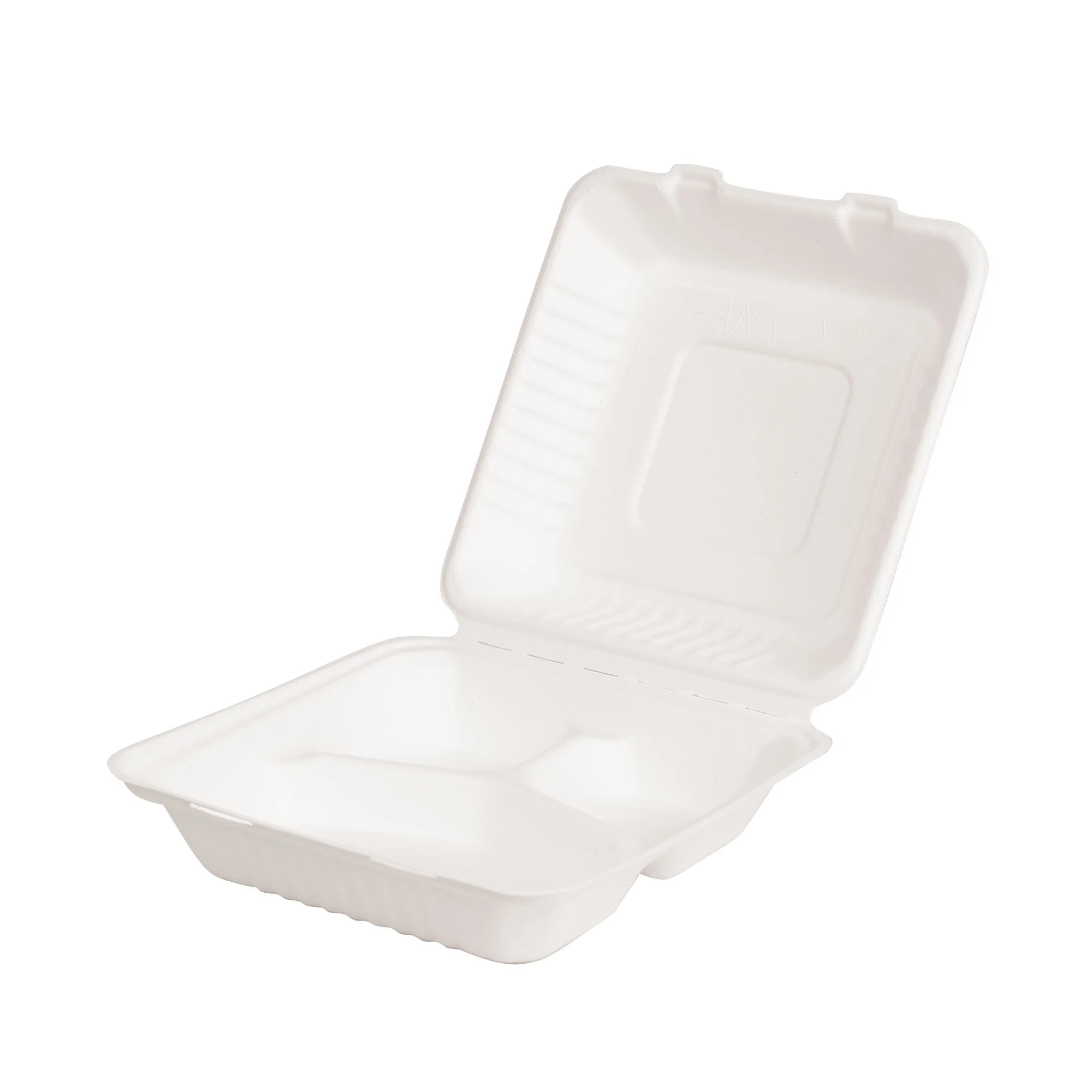 9 Inch x 9 Inch 1,200ml 3-Compartment Clamshell Hinged Food Container Box Sugarcane Bagasse PFAS-Free Compostable Certified
