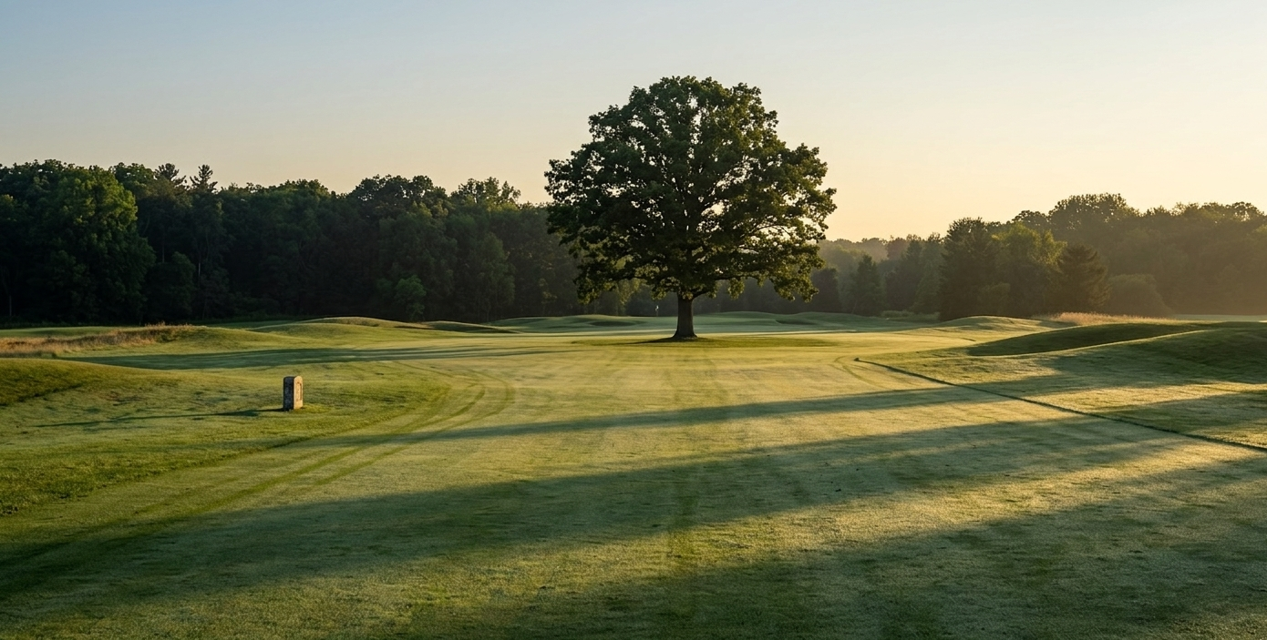 A golf course during sunset with a large tree in the center, surrounded by lush green grass and rolling fairways, with forested area in the background.