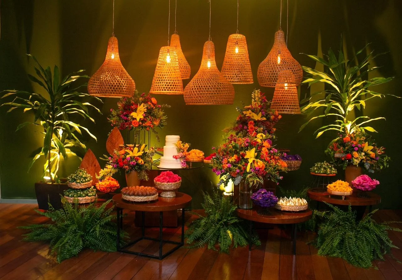 mesa de bolo e doces Aniversário 40 anos com decoração verde e flores coloridas luminárias de rattan
