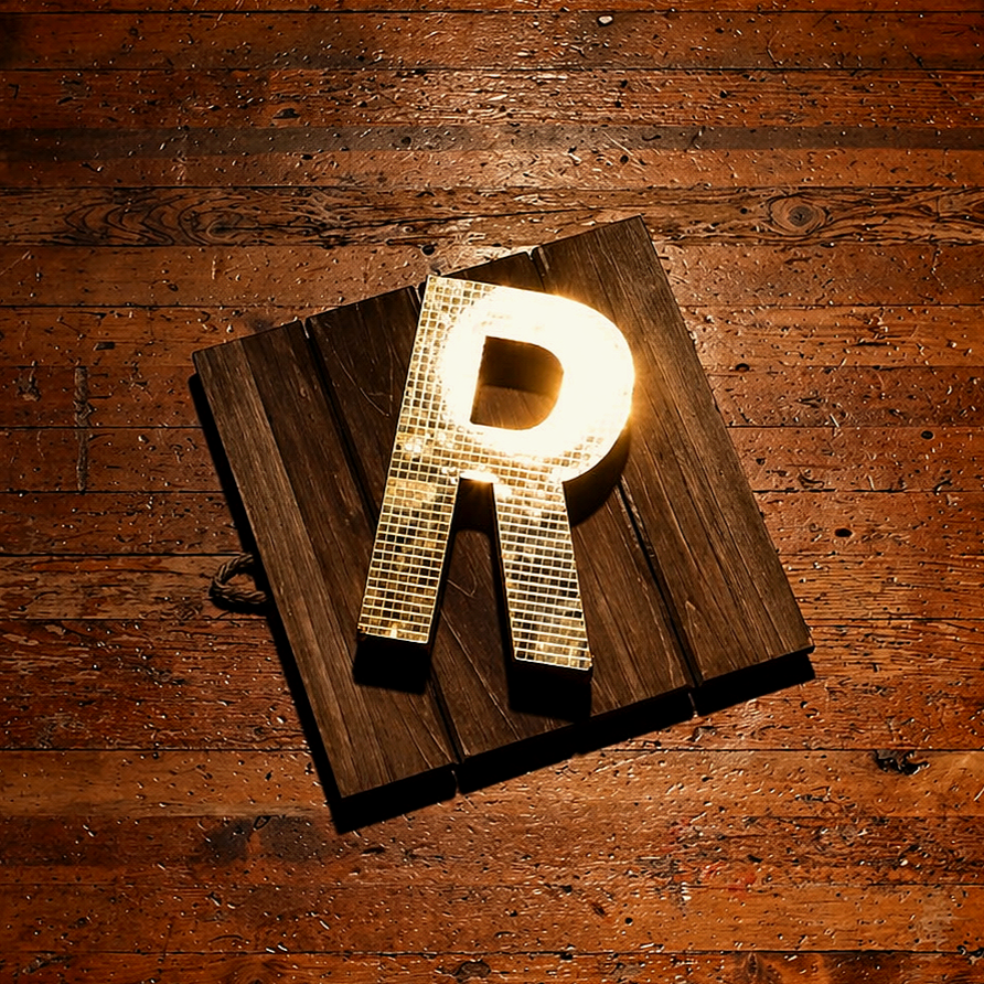 Illuminated gold letter R on a wooden board, placed on a wooden floor.