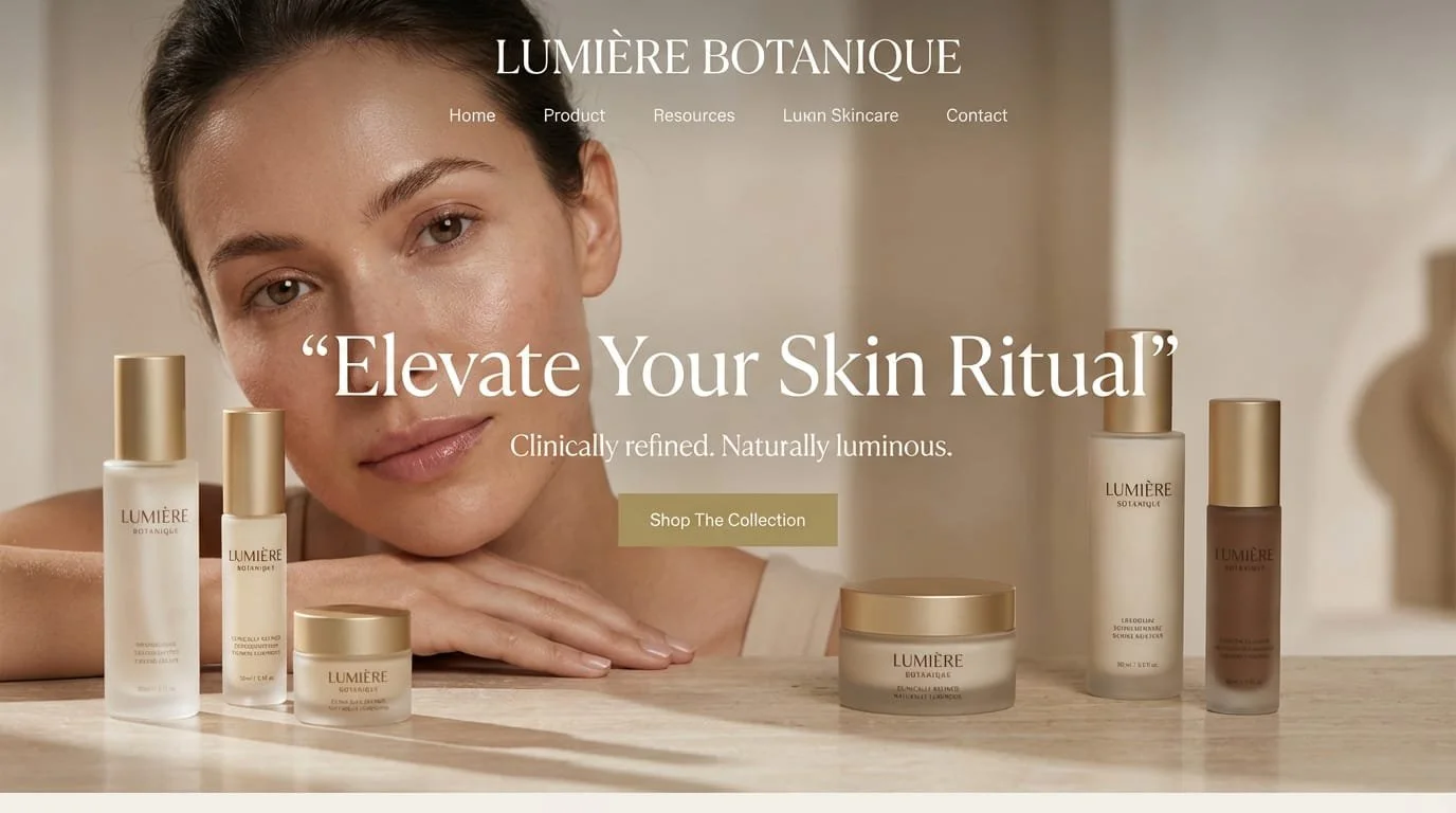 A woman with clear, glowing skin lies resting her chin on her hand, looking at the camera. In front of her are various skincare products from Lumière Botanique, including bottles and jars. The background has neutral tones, and the website header features navigation links and the slogan "Elevate Your Skin Ritual".
