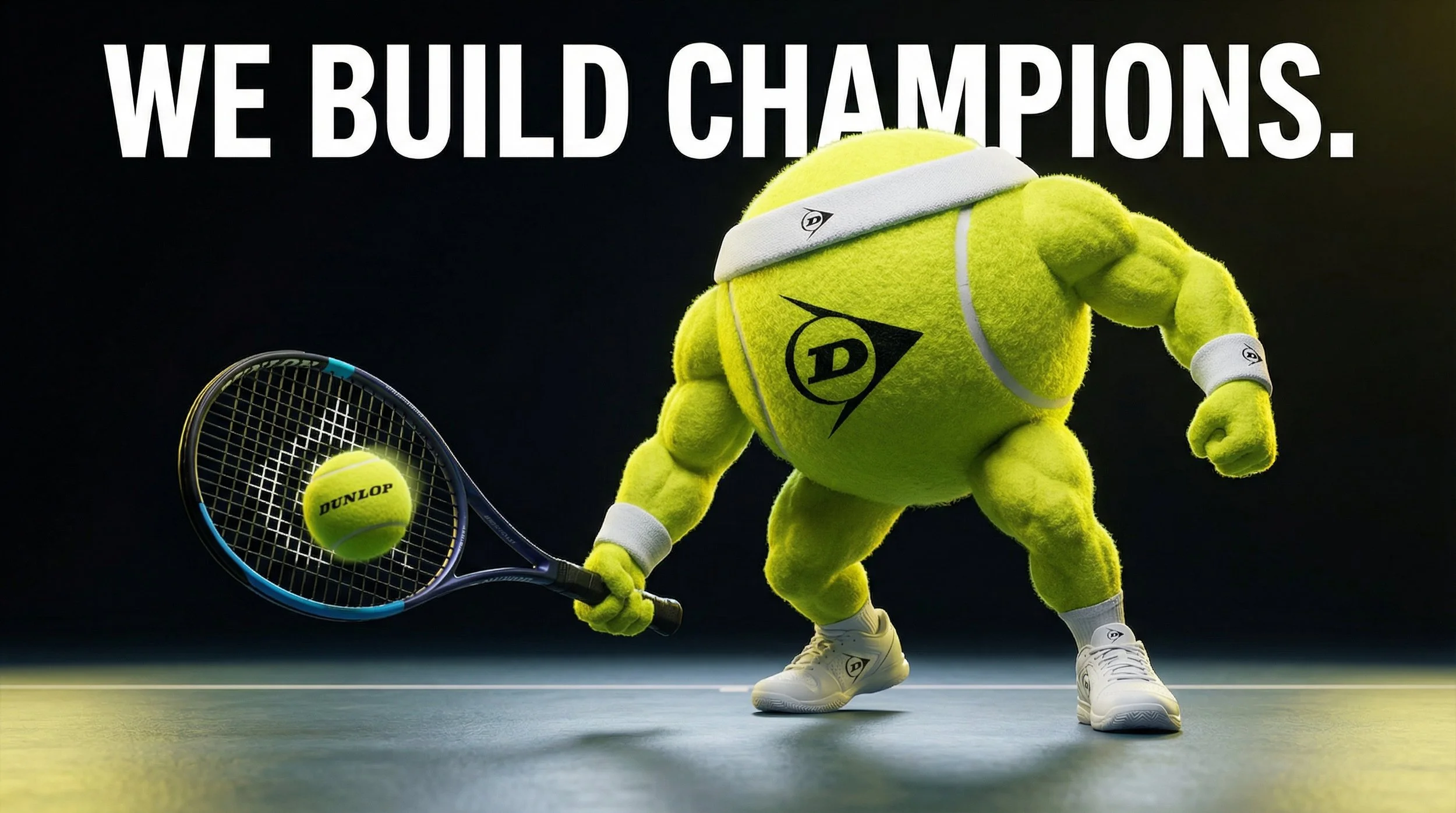 A plush tennis ball character with muscular arms, wearing tennis shoes, wristbands, and a headband, hitting a tennis ball with a tennis racket on an indoor court, with the text "WE BUILD CHAMPIONS" above.