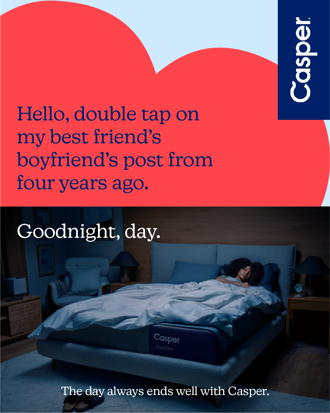 A woman sleeping in a bed with a Casper mattress in a bedroom. The scene is dimly lit, and there are nightstands, lamps, and chairs around the bed.