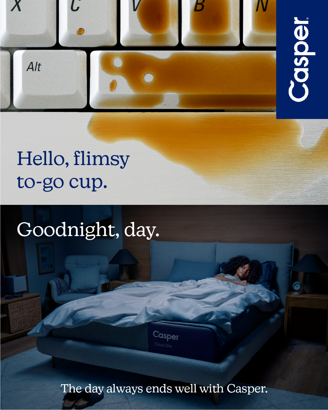 A spilled coffee stain on a white desk with a woman sleeping in a bed and a mattress labeled 'Casper Cloud One'.