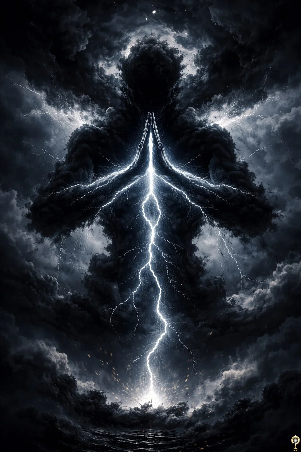 A dramatic digital artwork of a dark stormy sky with multiple lightning bolts and a central figure formed by lightning, resembling a praying person with hands clasped together. The figure's head is a large dark cloud as described by Jef