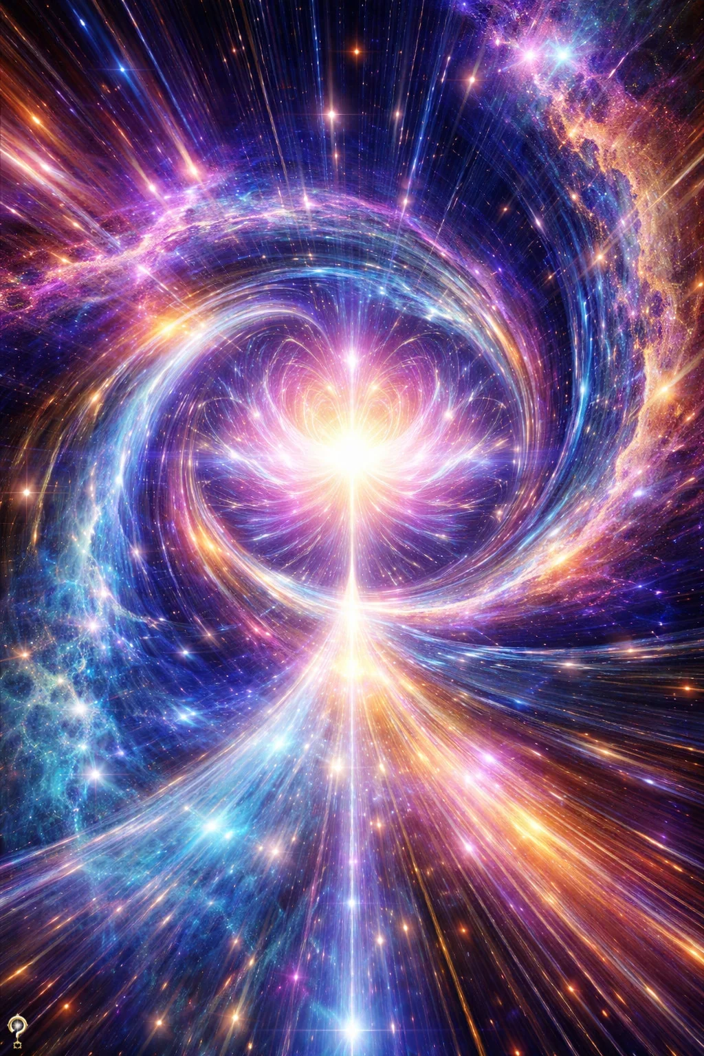 A vibrant, colorful depiction of a cosmic explosion or swirling galaxy with light trails, stars, and nebulae in shades of purple, blue, pink, and gold.
Energy Portrait by Jef, the Spiritual Escape Artist