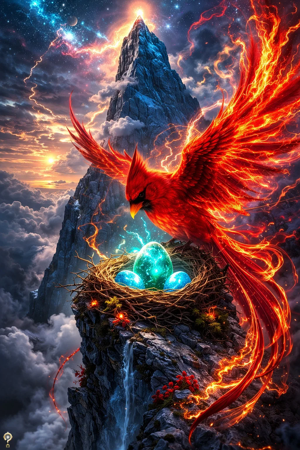 A glowing red phoenix with fiery wings perched on a cliffside nest, guarding three glowing blue eggs, with a dramatic mountain and stormy sky in the background an example of Energy Portraits by Spiritual Escape Artist
