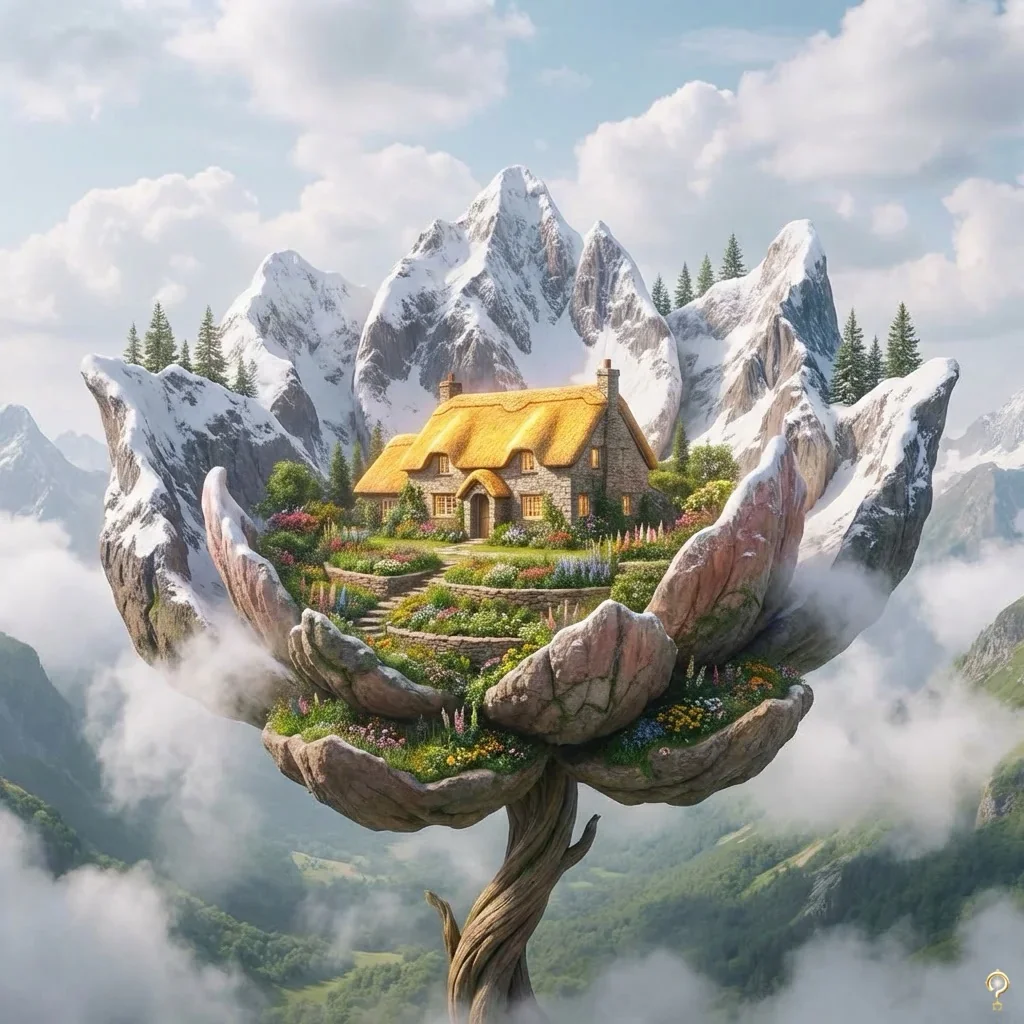 A whimsical house with a thatched roof surrounded by a garden within a flower surrounded by mountains which are the petals as depicted by Jef in a Reiki Session