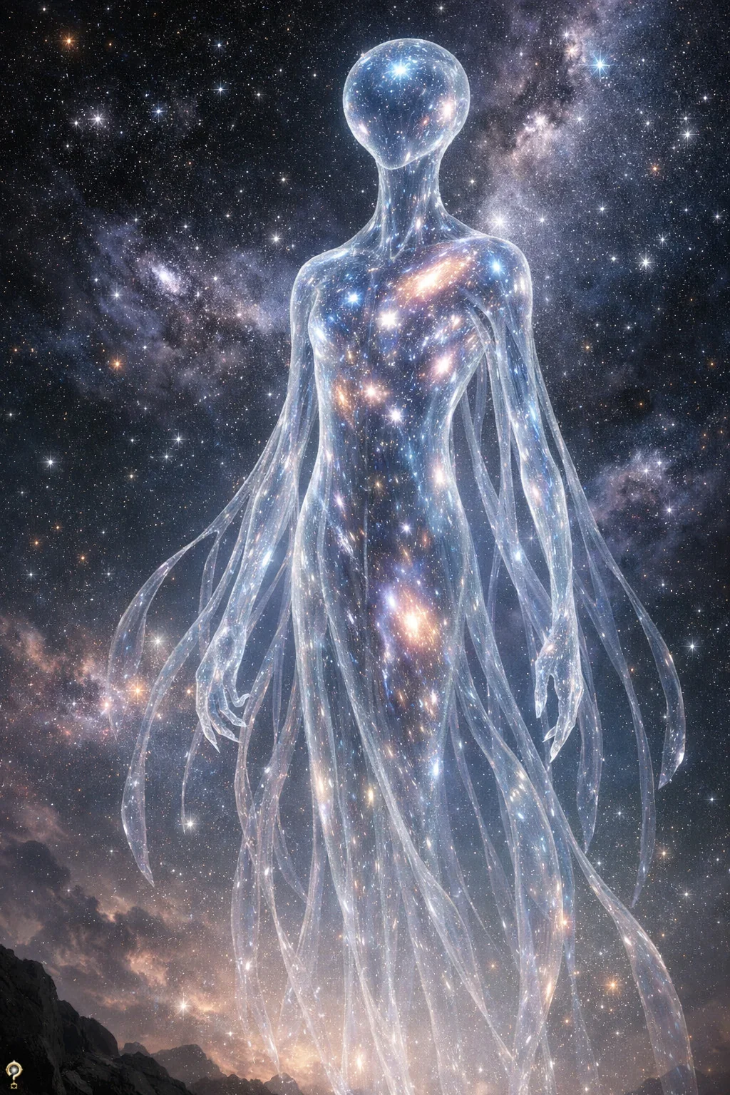 A transparent, humanoid figure made of stars and galaxies, standing against a starry night sky with clouds and mountains at the bottom as witnessed by Jef during Energy Snapshot session