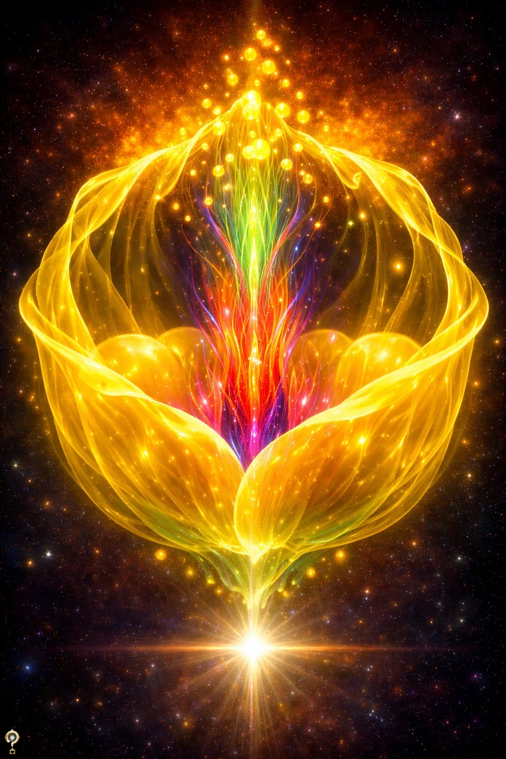 A vibrant digital art depiction of a glowing, abstract flower with fiery yellow petals and colorful, lightning-like streaks emerging from the center, set against a starry cosmic background seen by Jef Spiritual Escape Artist